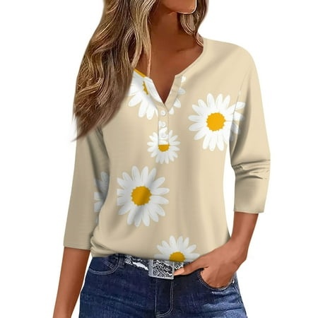 Qwertyu Women S Casual 3/4 Sleeve Tops Henley Shirts Trendy Print Floral Blouses Beige XXL