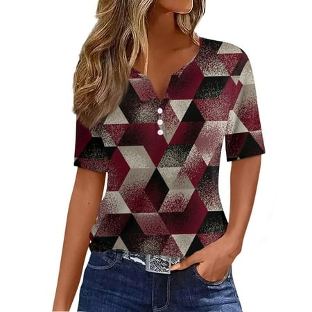 Qwertyu Blouses & Button-Down Shirts Short Sleeve Henley Summer Tops Athletic Fit Blouses Color Block Graphic Print Womens Clothes Wine XXL