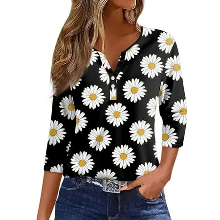 Qwertyu Womens 3/4 Length Sleeve V Neck Tops Casual Button Down Summer Shirts Graphic Print Loose Fit Blouse Black XXXL