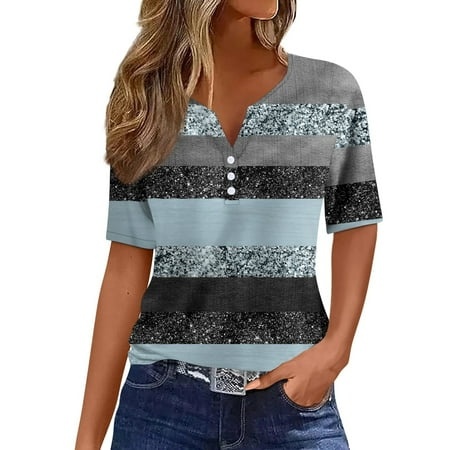 Qwertyu Women S Button up Short Sleeve V Neck T Shirt Round Neck Striped Print Casual Tunic Shirts Light Blue XXL