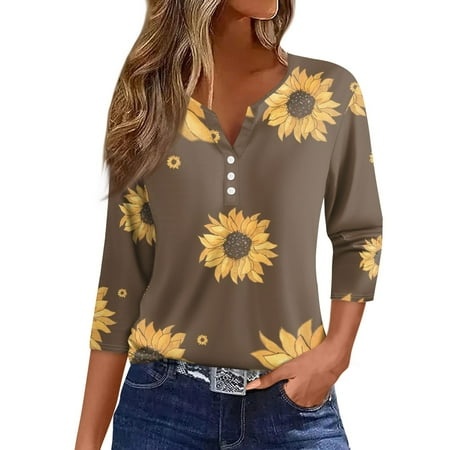 Qwertyu Womens 3/4 Length Sleeve Tops 2024 Summer Fashion T Shirt Casual V Neck Pullover Button Sunflower Print Blouse Tees Light Brown S