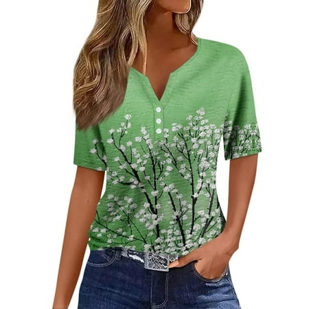 Godokuleh Women S Summer Tops Floral V Neck Button Down Henley Short Sleeve Shirt Dresses 2024 Summer Casual Oversized Tshirts Plus Size Tunic Tops Li