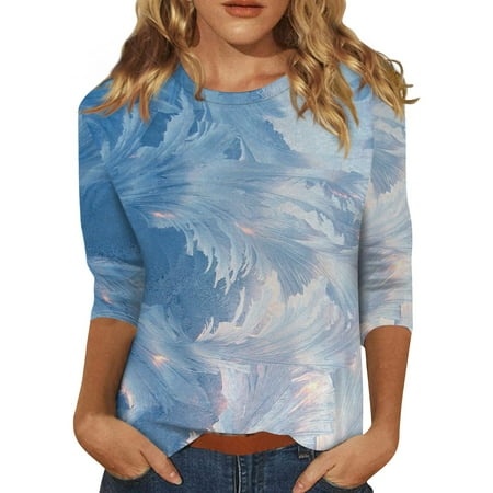 Godokuleh 3/4 Length Sleeve Womens T Shirts Round Neck Marble Print Dressy Plus Size Tops Casual Fall Casual Shirts Clearance Tunic Tops Clothes Royal