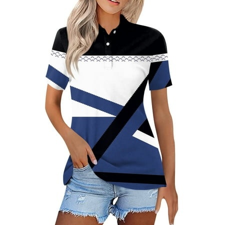 Qwertyu Womens 2024 Summer Tunic Tops Casual Short Sleeve Lapel Blouse Buttons Chiffon Tshirts for Leggings Soft Comfy Dark Blue XL