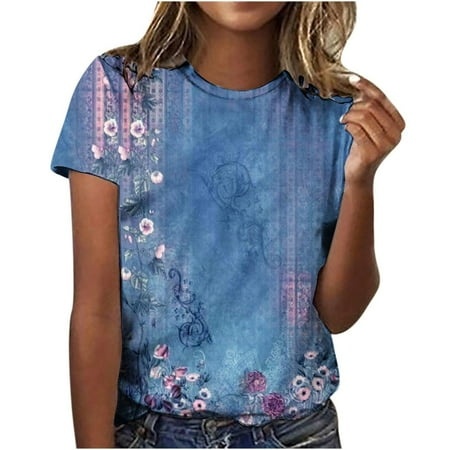 Qwertyu Women S Fashion Casual Short Sleeve Flower Print Round Neck Pullover Top Blouse Blue S