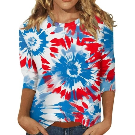 Godokuleh 3/4 Sleeve Blouses for Women Round Neck American Flag Shirts Dressy Casual Dressy Summer Tops for Teens Loose Fit Spring T-Shirts Tee Tunic 