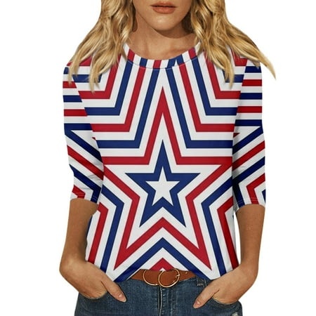 Godokuleh Womens Tunic Tops 3/4 Sleeve American Flag Round Neck Clearance Shirts Dressy Casual Fall Loose Fit T Shirts Loose Fit Cotton Clothes Blouse