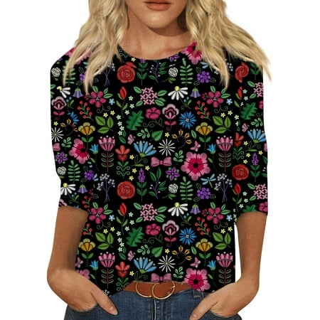 Godokuleh Womens Tops 3/4 Sleeve Shirts Round Neck Loose Casual Blouses Graphic Print Tshirts Black M