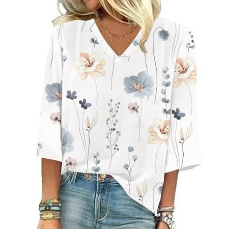 Godokuleh Women S 3/4 Sleeve Tops Summer Ladies Fashion V-Neck Tshirt Sexy Casual 2024 Shirt Floral Print Tunic Daily BlouseWhite XL