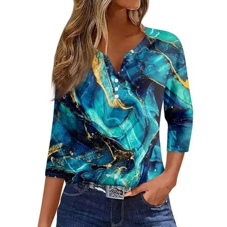 Qwertyu Summer Tops for Women 2024 Vacation Trendy V Neck Boho 3/4 Sleeve Shirts Casual Loose Comfy Tunic Blouses Blue S