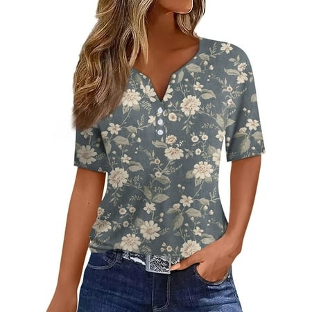 Qwertyu Womens 2024 Plus Size Trendy Button Down Summer Short Sleeve Henley Shirts Henley Neck Blouses Dressy Graphic Print Clothes Gray S