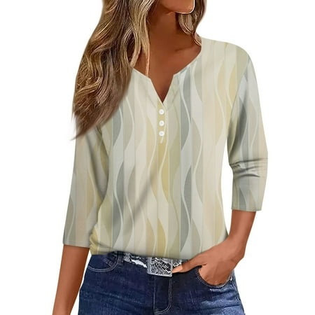Qwertyu Womens 3/4 Length Sleeve Tops Casual Button Down Summer Shirts Graphic Print Loose Fit Three Quarter Length Sleeve Blouse Light Green M