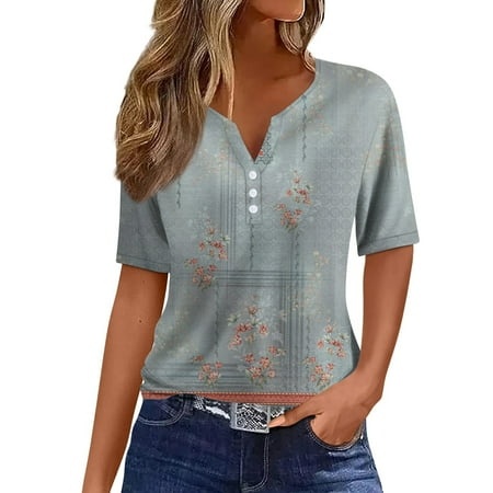 Qwertyu Plus Size Tops for Women Summer Button Short Sleeve Graphic Print Shirts Ruffle Blouse Tunics Light Gray S