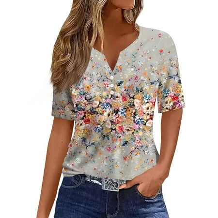 Qwertyu Womens T Shirts Henley Neck Short Sleeve Buttons Tops Tee Graphic Print Blouse Loose Fit Gray M
