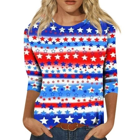 Godokuleh Womens 3/4 Sleeve T Shirts Round Neck American Flag Trendy Shirts Casual Clearance Cotton Oversized Tee Shirts Fall Tunic Tops Pullover Wine
