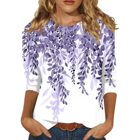 Godokuleh Women S Casual 3/4 Sleeve T-Shirts Round Neck Cute Tunic Tops Floral Graphic Tees Blouses Loose Fit Pullover Light Purple 5XL