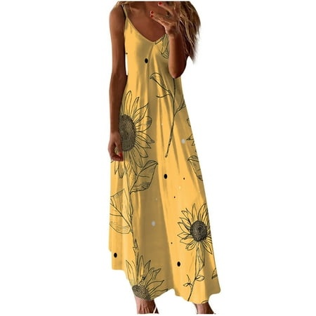 WoY2K Maxi Summer Dresses for Plus Size Women on Sale 2518 Vacation Trendy Women S Sleeveless Fashion Sleeveless Printing Suspenders Dresses