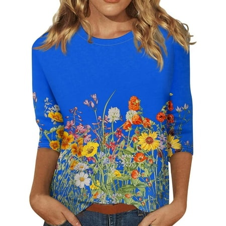 Godokuleh 3/4 Sleeve T Shirts for Women Floral Round Neck Spring Sexy Tops Clearance Summer Button Down Shirts Graphic Pullover Clothes Blue M
