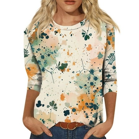 Godokuleh 3/4 Sleeve Tops for Women Round Neck Floral Summer Western Shirts Spring Graphic Plus Size Tshirts Loose Fit Pullover Blouses Khaki 2XL