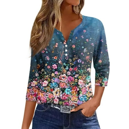 Qwertyu Womens 3/4 Length Sleeve Tops 2024 Summer Fashion T Shirt Casual Henley Pullover Button Graphic Print Blouse Tees Royal Blue S