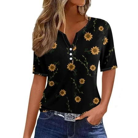 Qwertyu Short Sleeve Womens Tops Button Down Summer V Neck T Shirts Plus Size Blouses Floral Print Tees Black S