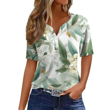 Qwertyu Summer Shirts for Women 2024 Plus Size Trendy Button Down Summer Short Sleeve V Neck Shirts Henley Blouses Dressy Graphic Print Clothes Green 
