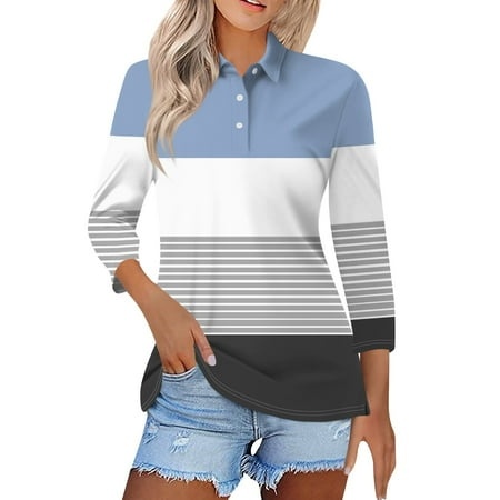 Qwertyu Womens 3/4 Length Sleeve Lapel Tops Casual Button Down Geometric Print Summer Shirts Loose Fit Three Quarter Length Sleeve Blouse Blue XL