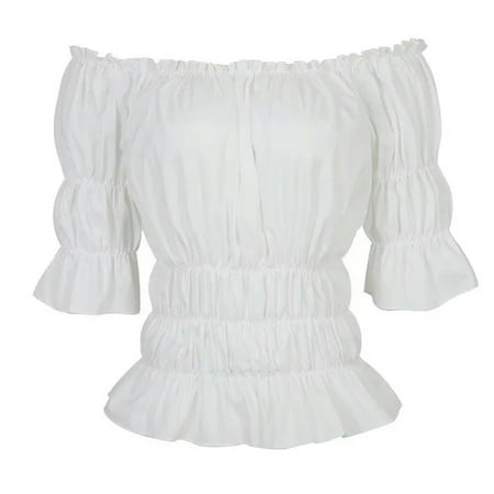 Women Renaissance Medieval Off Shoulder Blouse Shirt Steampunk Gothic Corsets Victorian Girls Pirate Costume-6505 White-S
