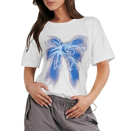 Tshirts Shirts for Women Summer Blouses for Women 2024 Trendy American Retro Ghosting Bow Print Short Sleeve T Shirt Schoolgirl Trendy Loose Casual Ko