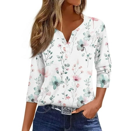 Qwertyu Womens 3/4 Length Sleeve Graphic Print Tops Casual Button Down Summer Shirts Loose Fit Three Quarter Length Sleeve Blouse Light Blue M