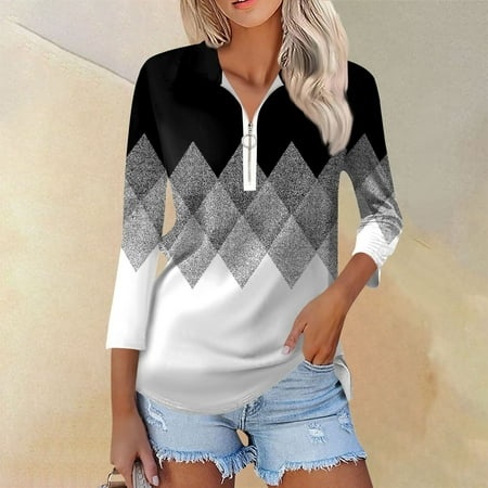 Qwertyu Women S V Neck 3/4 Sleeve Tops Quarter Zip Collared Shirts Printed Polo Shirts Summer Tees Gray XL