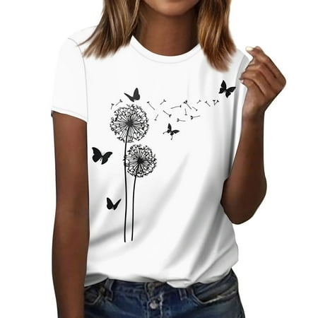 Qwertyu Summer Tops for Women 2024 Dressy Casual Round Neck Short Sleeve Shirts Trendy Floral Graphic Blouses Cute Boho Beach Tees Dark Gray S