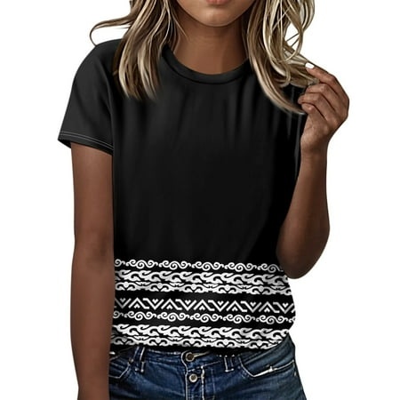 Qwertyu Short Length Sleeve Womens Tops Slim Fit Shirts Dressy Casual Blouses Printed Round Neck Clothes Black 3XL
