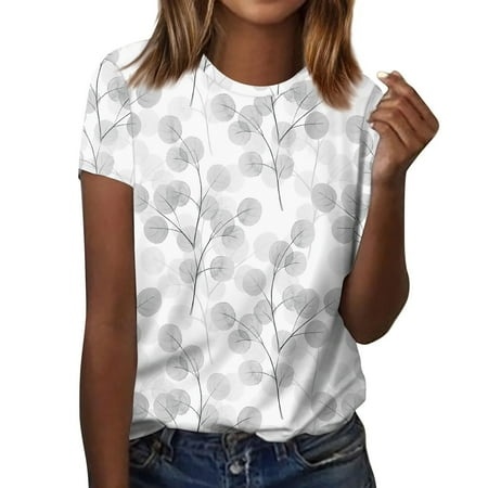 Qwertyu Vintage Tees for Women Women S Fashion Casual Round Neck Short Sleeve Graphic Print T-Shirt Top Gray L