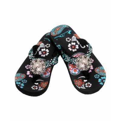 Montana West Girls' Flip-Flops TQ - Black Paisley & Turquoise Geometric Flower Rhinestone Flip-Flop