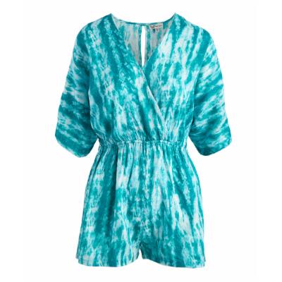 GO COCO Women's Rompers MINT - Aqua & White Keyhole Cinched-Waist Surplice Romper - Juniors