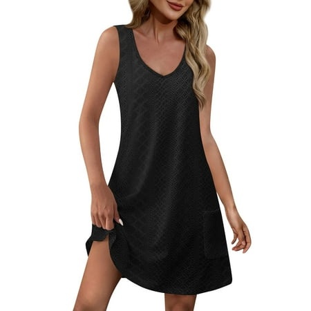 Qwertyu Women S Basic Solid Color Sleeveless V Neck Adjustable Spaghetti Strap Slip Mini Dress Black S