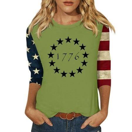 Godokuleh Womens 3/4 Sleeve T Shirts Round Neck American Flag Dressy Shirts Casual Summer T Shirt Graphic Tunic Tops Tee Green S