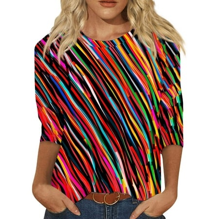 Godokuleh Womens Tops 3/4 Sleeve Shirts Round Neck Loose Casual Blouses Graphic Print Tshirts Wine 3XL