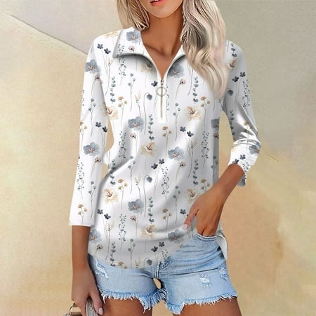 Qwertyu Women S 3/4 Sleeve Quarter Zip Plus Size Tops Collared V Neck Foral Print Casual Comfy Work Blouses White 3XL