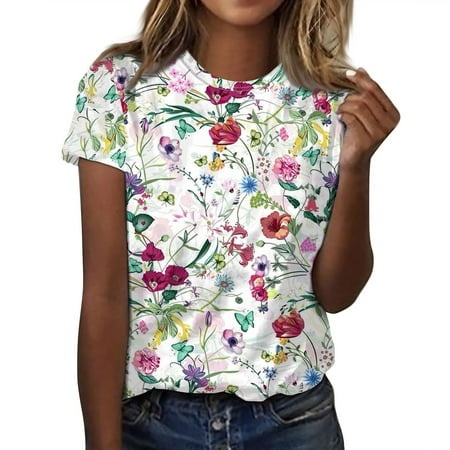 Qwertyu Womens Casual Floral Print Tops Crewneck Short Sleeve T Shirts Fashion 2024 Spring Summer Loose Fit Shirts White L