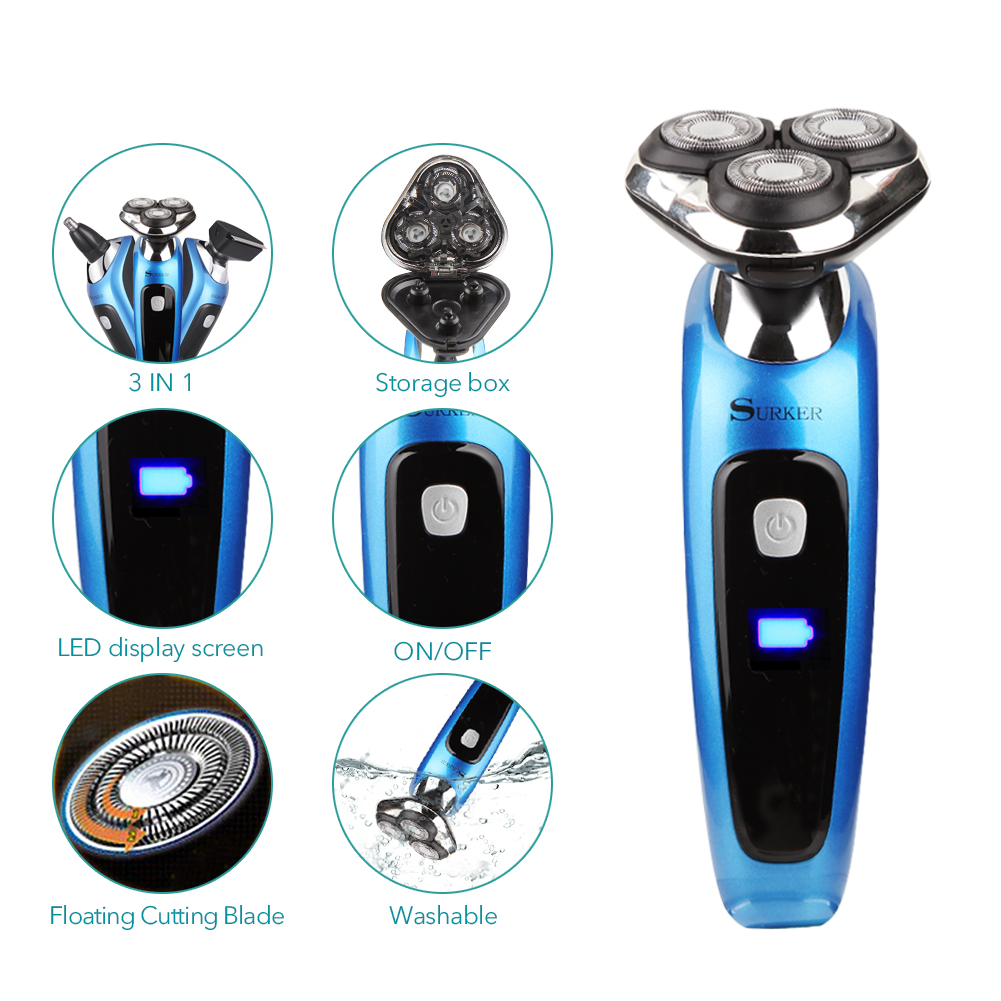 Surker RSCX-9598 Electric 3 in 1 Rotary Wet/Dry Shaver with Nose and Sideburns Trimmer Attachment Kit