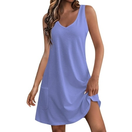 Qwertyu Women S V Neck Tank Dress Casual Summer Beach Sun Dresses Sleeveless Tunic Mini T Shirt Dress Sundress with Pockets Blue XXXL