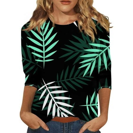 Godokuleh Plus Size 3/4 Sleeve Tops for Women Round Neck Hawaiian Palm Tree Spring Short Sleeve Shirts Clearance Loose Fit Workout Shirts Graphic Blou