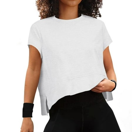 Qwertyu Womens Summer Short Sleeve Crop Tops Side Slit Athletic Gym Workout Yoga Tee Shirts White L
