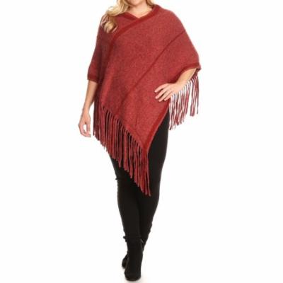 BNY Corner Women Plus Size Wool Blend Asymmetrical Fringe Knit Pullover Poncho Burgundy 4723 BNY Corner