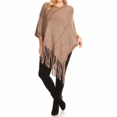 BNY Corner Women Plus Size Wool Blend Asymmetrical Fringe Knit Pullover Poncho Khaki 4723 BNY Corner