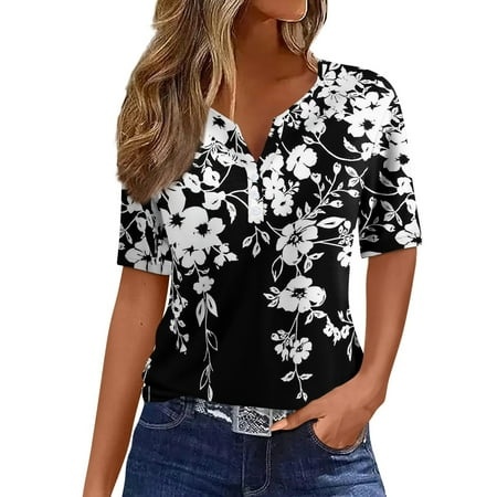 Godokuleh Trendy Tops for Women 2024 V Neck Short Sleeve Button Down Henley Floral Short Sleeve Shirts Trendy Summer Plus Size Tshirts Dressy TeeCamou