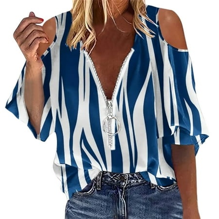 Off the Shoulder Tops for Women 1/2 Zip up Mid Sleeve Fashion Blouses Irregular Colour Block Stripe Casual Shirts