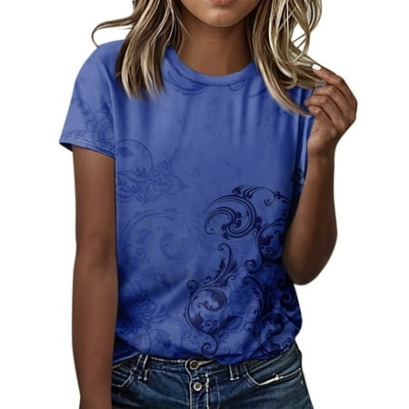 Qwertyu Short Length Sleeve Womens Tops Slim Fit Shirts Dressy Casual Blouses Printed Round Neck Clothes Blue XL